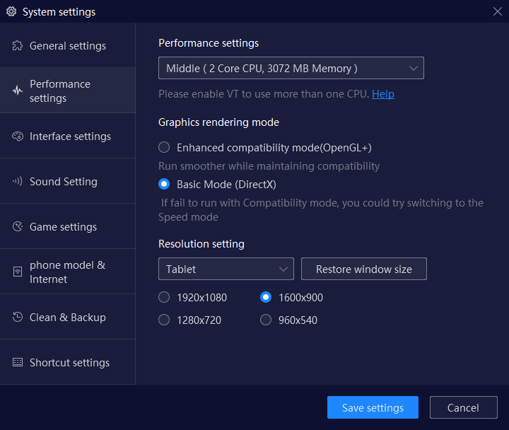 Switch NoxPlayer rendereing to Basic Mode